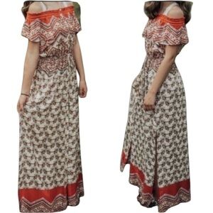 ANTHRO PATRONS OF PEACE RED MULTI OFF THE SHOULDER RAYON FLORAL MAXI DRESS XS